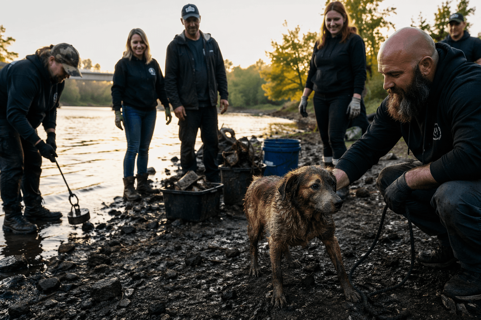 Magnet fishing cleanup turns into stray dog rescue at the riverbank