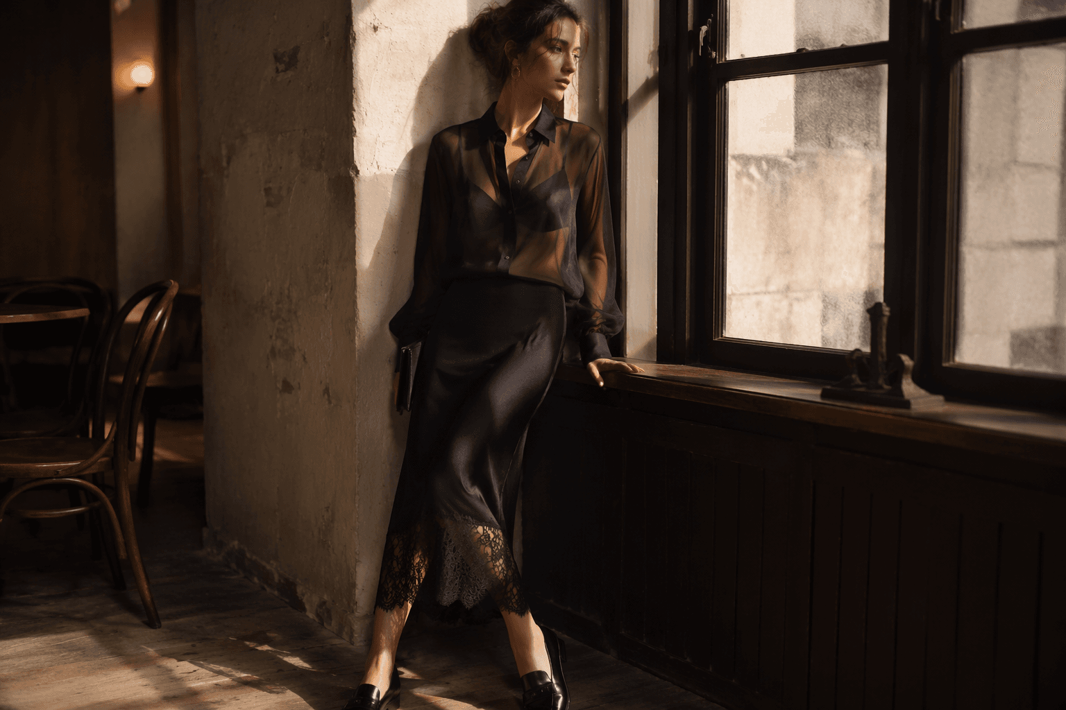 How to style a lace-trim slip skirt with loafers and a sheer shirt