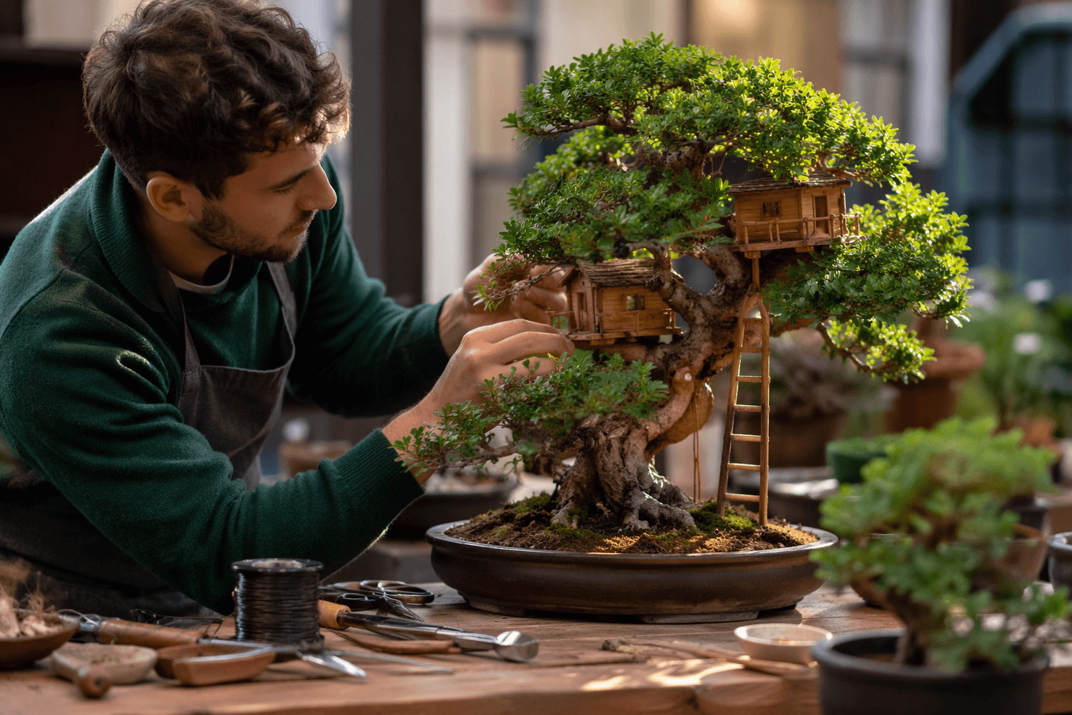 London’s Connaught Village pairs bonsai with miniature treehouses this summer