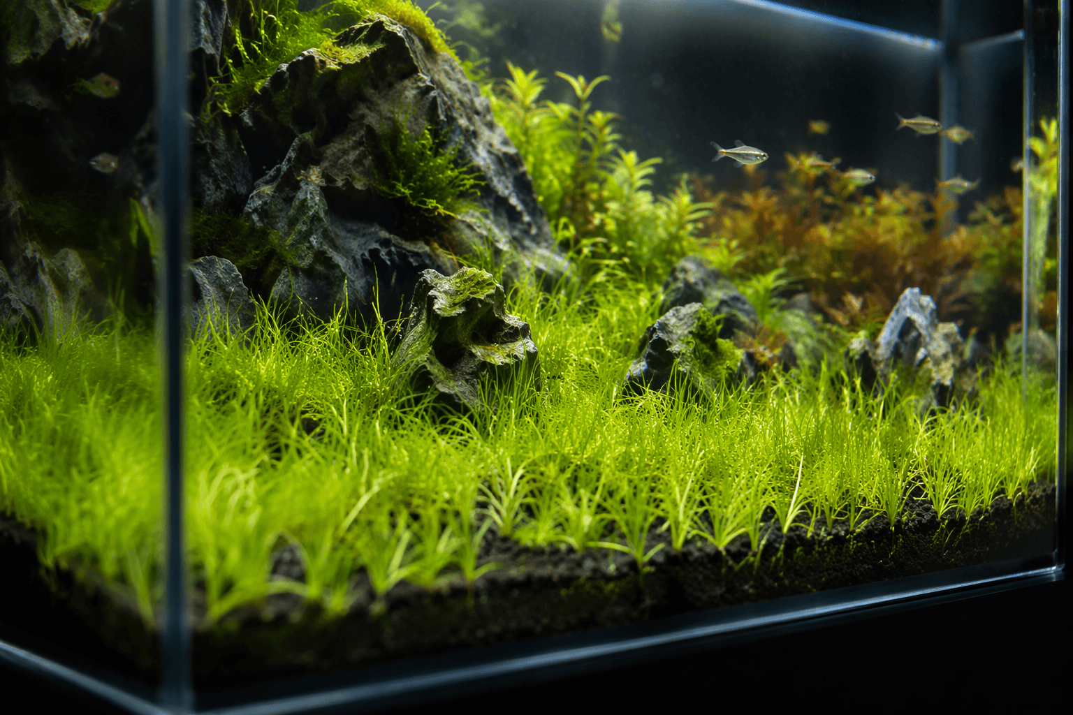 Dwarf hairgrass offers a hardy, meadow-like foreground for aquascapes