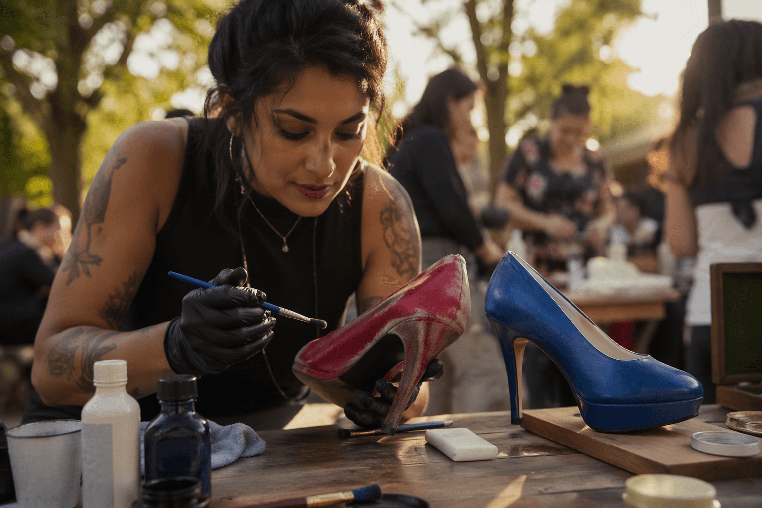 Leathercraft Mastery turns worn red heels royal blue with dye work