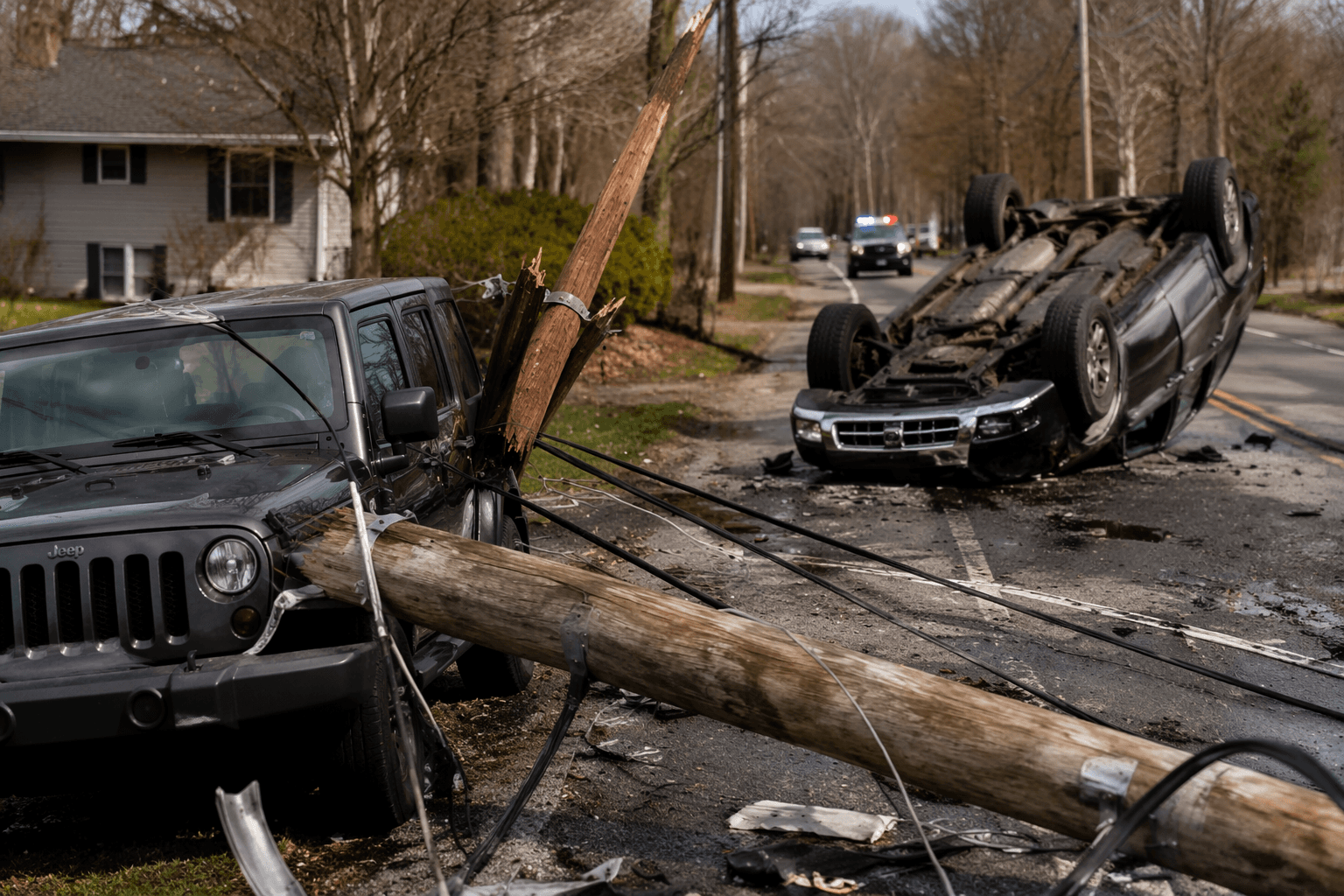 DWI crash in Monroe damages utility poles, parked Jeep on Lakes Road