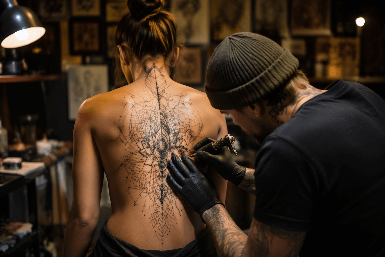 Geometric back tattoos spotlight symmetry, mandalas, and abstract design