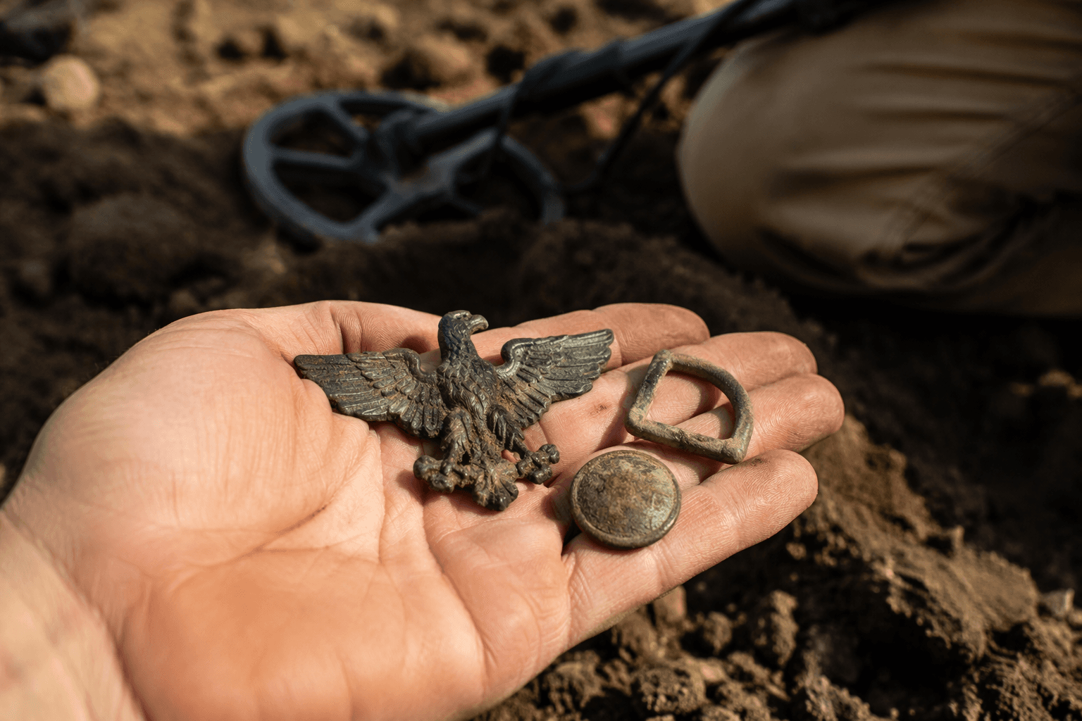 Detectorists puzzle over cast-iron eagle and matching relics from same hole