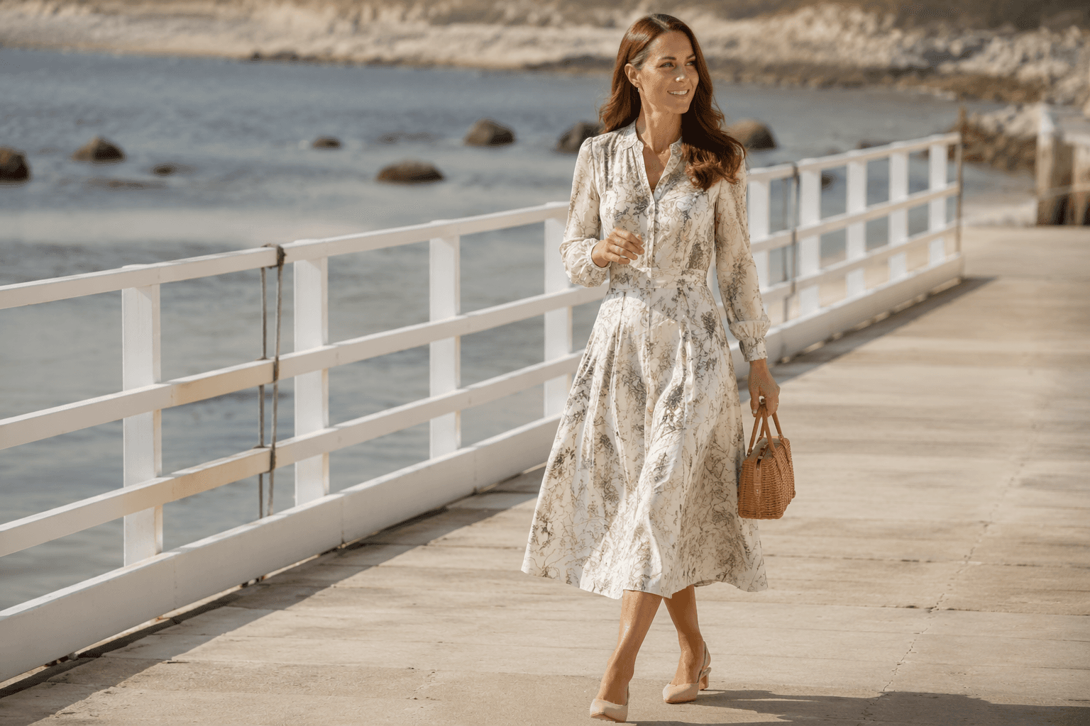 Kate Middleton’s midi dress and slingback formula defines coastal grandmother style