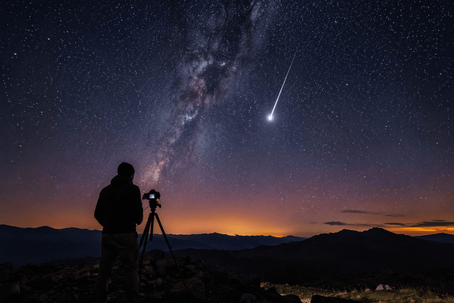 Nighttime camera catches bright meteor beside the Milky Way