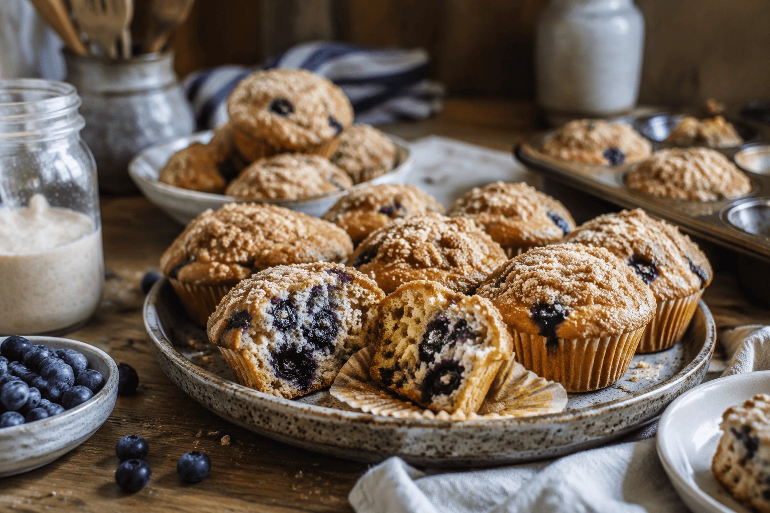 Maple and Thyme sourdough discard blueberry muffins are tender and fluffy