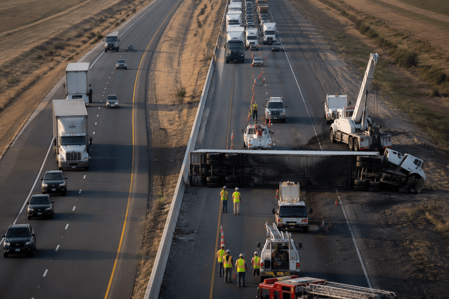 Northbound I-5 reduced to one lane after overturned semi in Fresno County