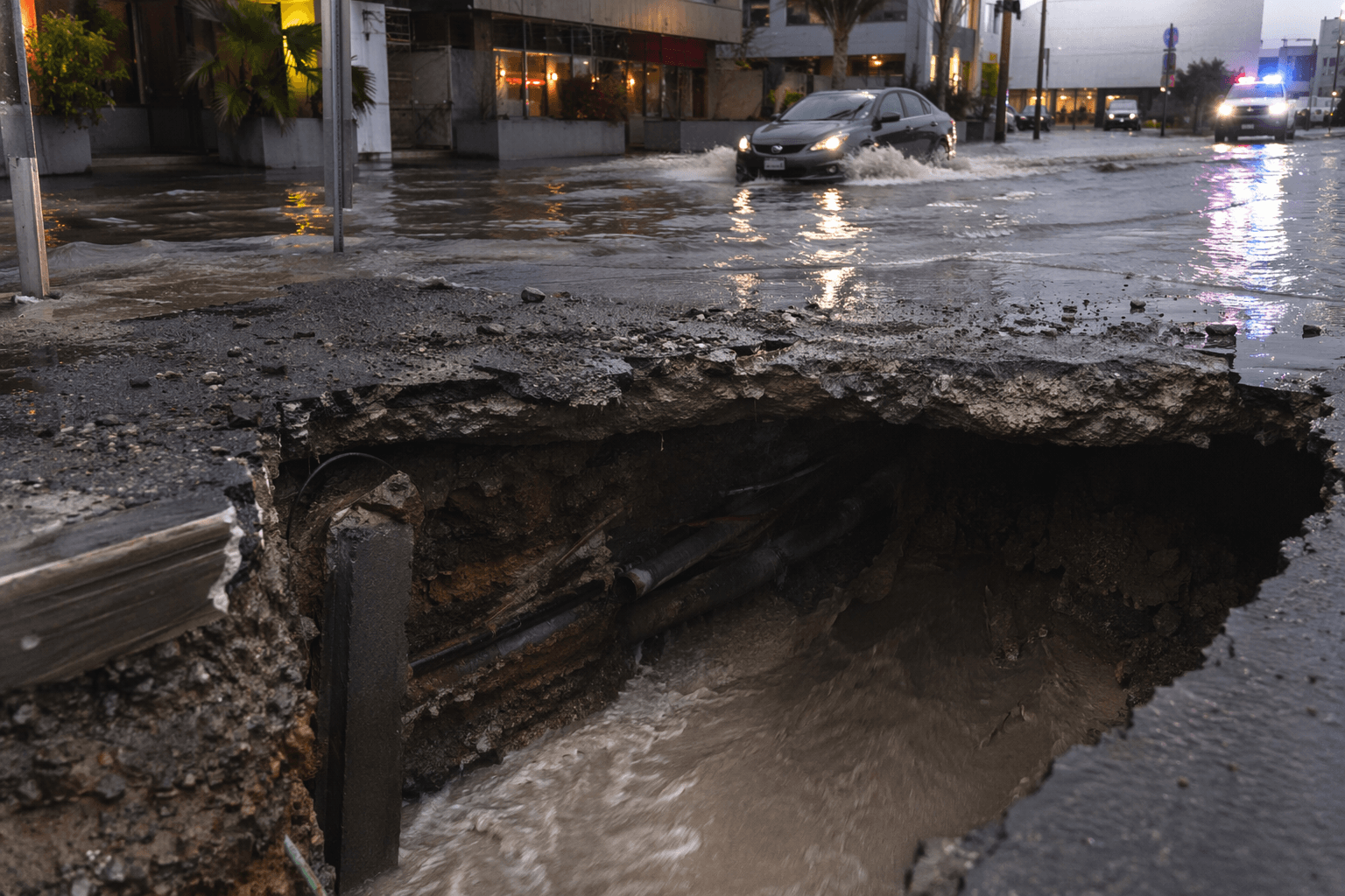 Aging water main floods Sunset Boulevard, opens giant sinkhole