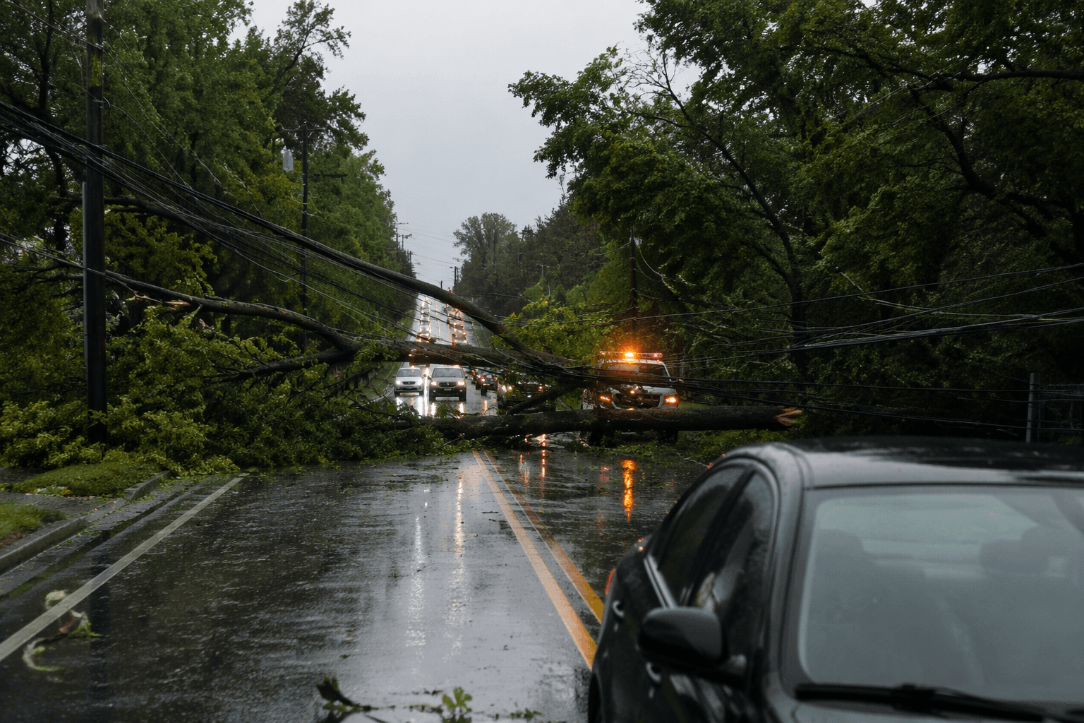 Downed tree and power lines close Haywood Street in Greensboro