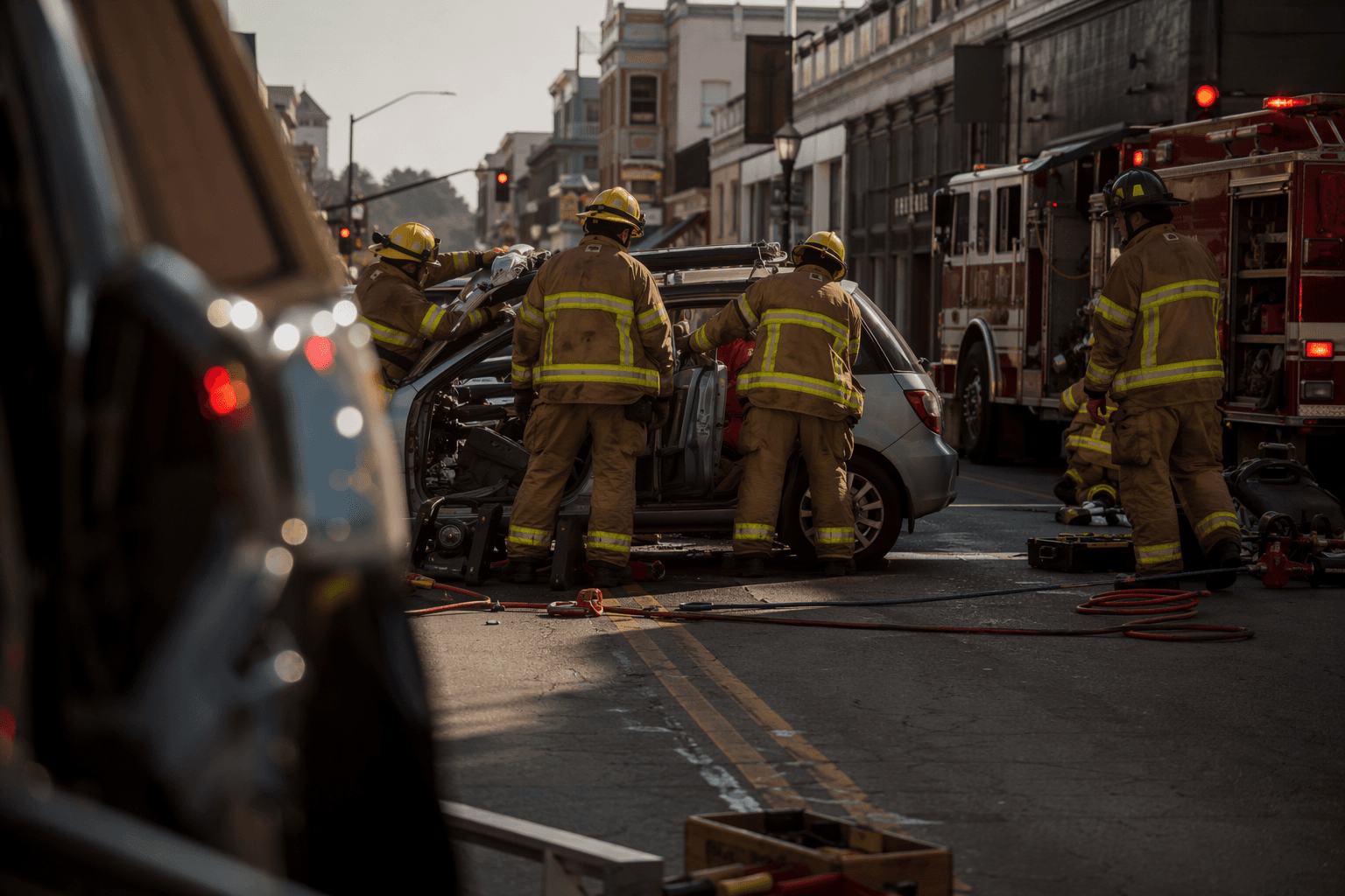 Humboldt Bay Fire practices vehicle extrication in Old Town Eureka