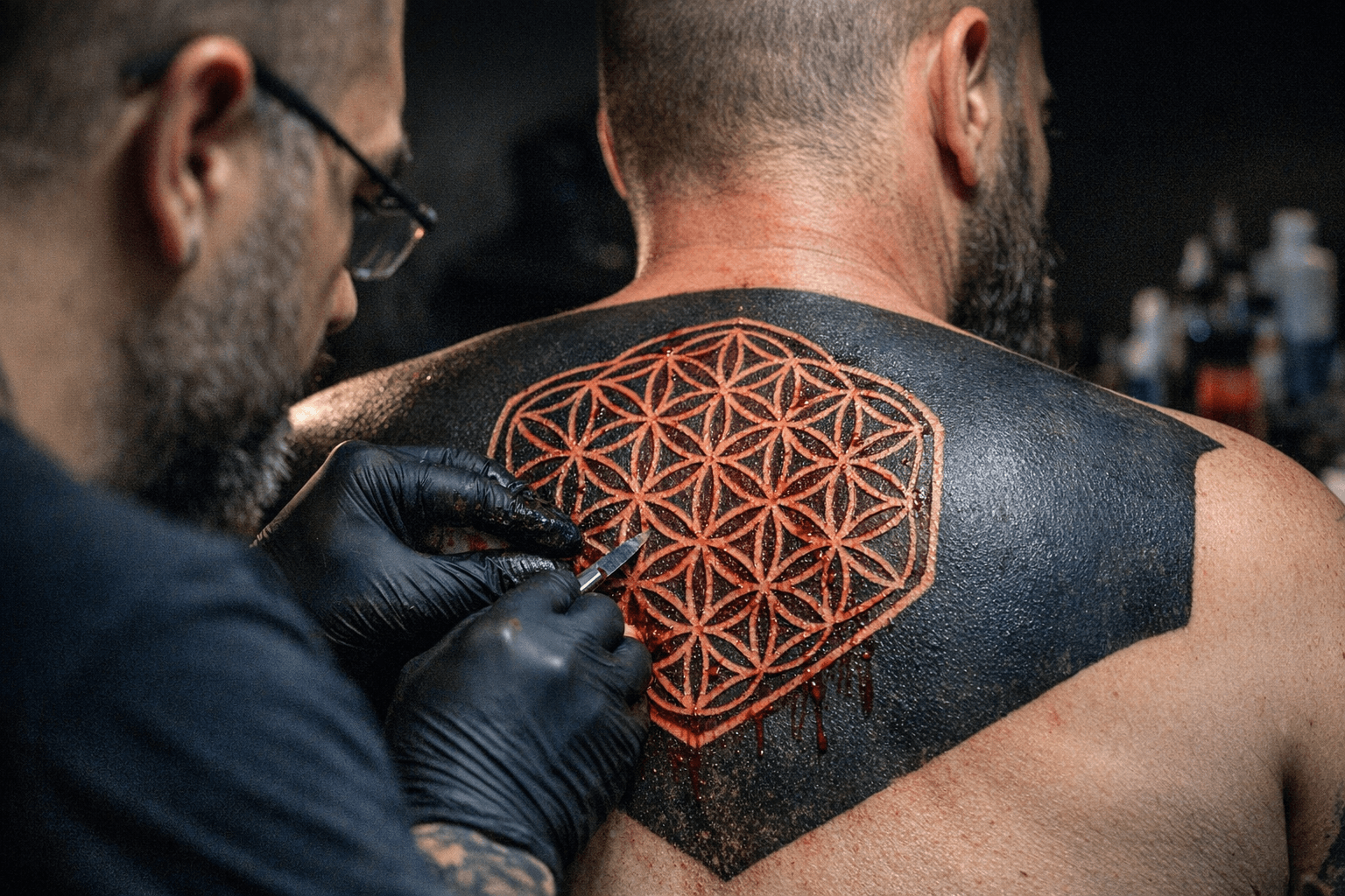 Flower of Life Scarification Transforms Existing Blackwork Into Sacred Geometry Art