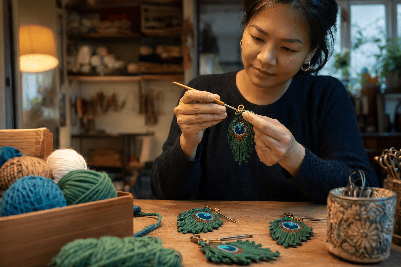 Iridesca Peacock Feather Crochet Charm Blends Beauty, Comfort, and Function
