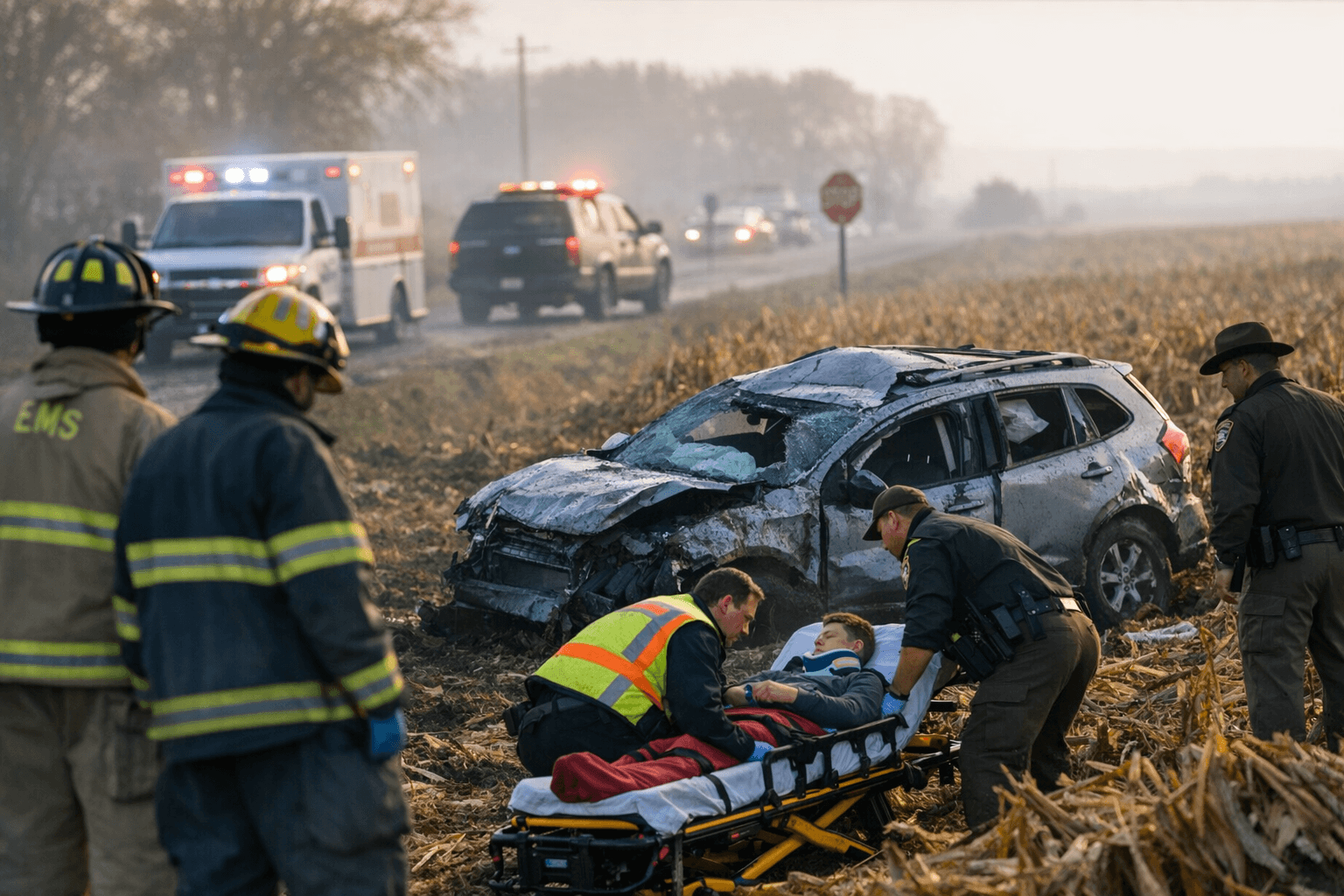Car Runs Off Road, Four Hospitalized Near Underwood After Stop Sign Missed