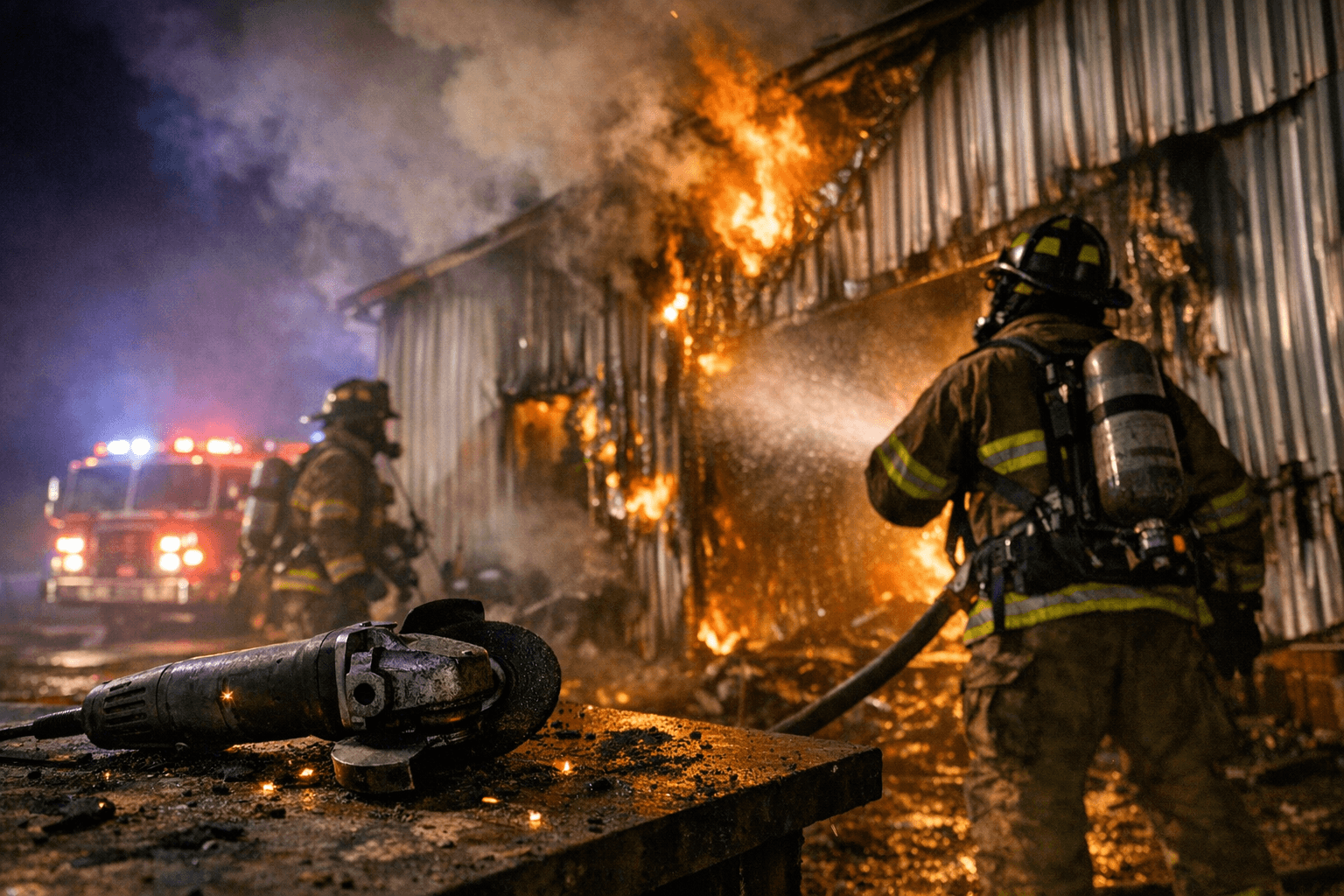 Shop Fire Near New York Mills Caused by Angle Grinder Spark