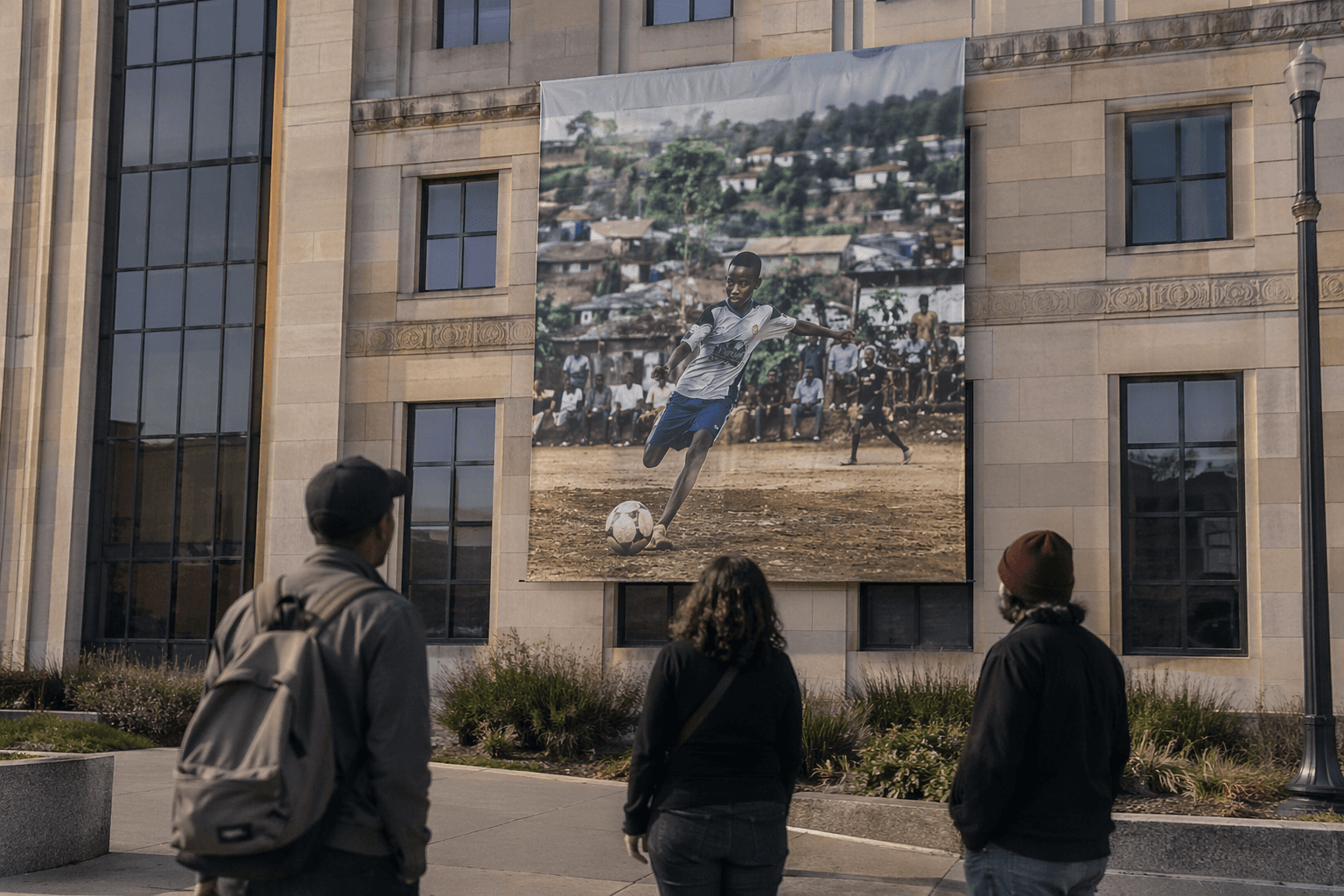 Lawrence City Hall displays giant Congo soccer photo banner