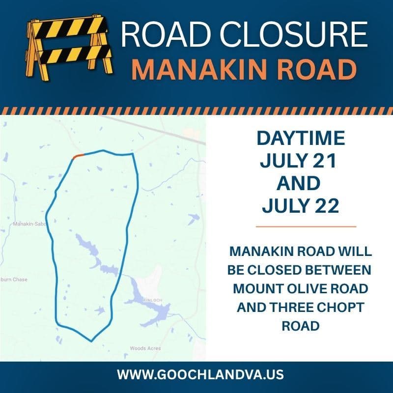 Manakin Road to close for pipe replacement in Goochland County