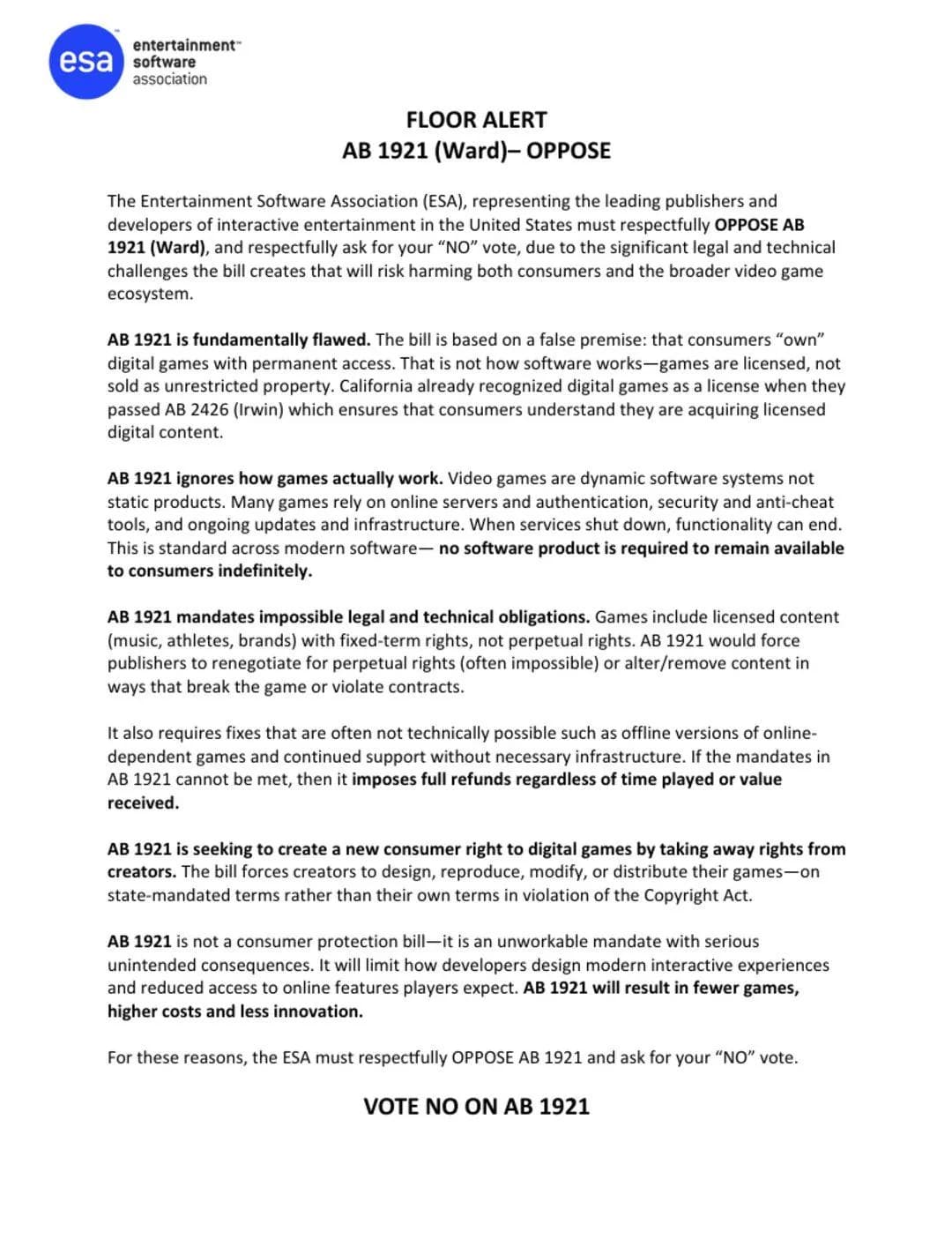 ESA and Stop Killing Games clash over California preservation bill