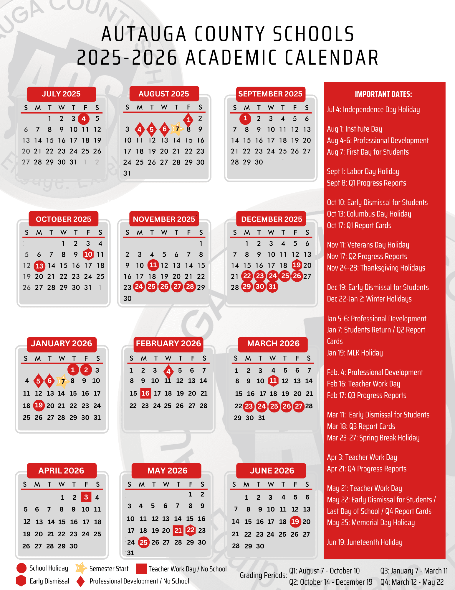 Autauga County Schools post board-approved calendars for 2025-2027
