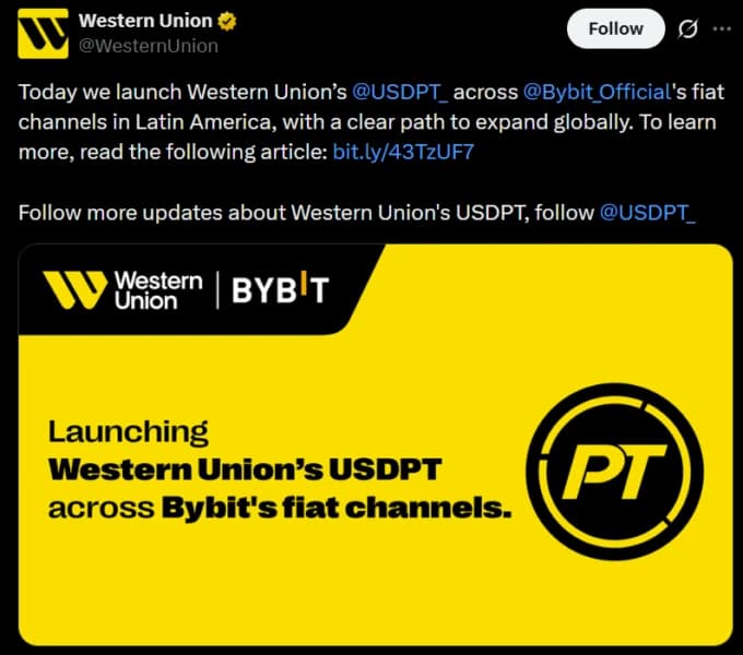 Western Union’s USDPT stablecoin lands first major Bybit integration