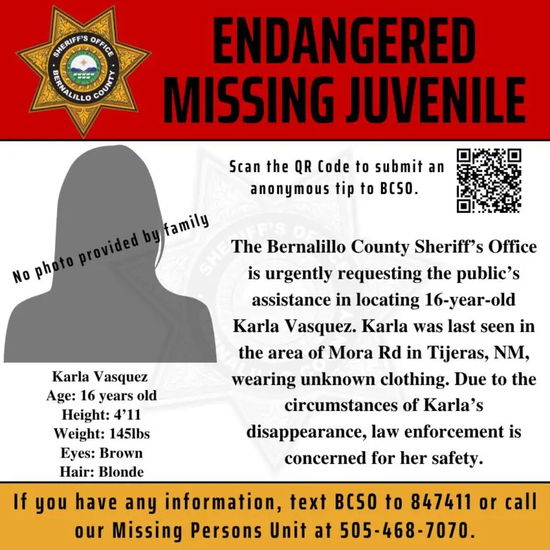 Bernalillo County deputies seek missing 16-year-old Karla Vasquez in Tijeras