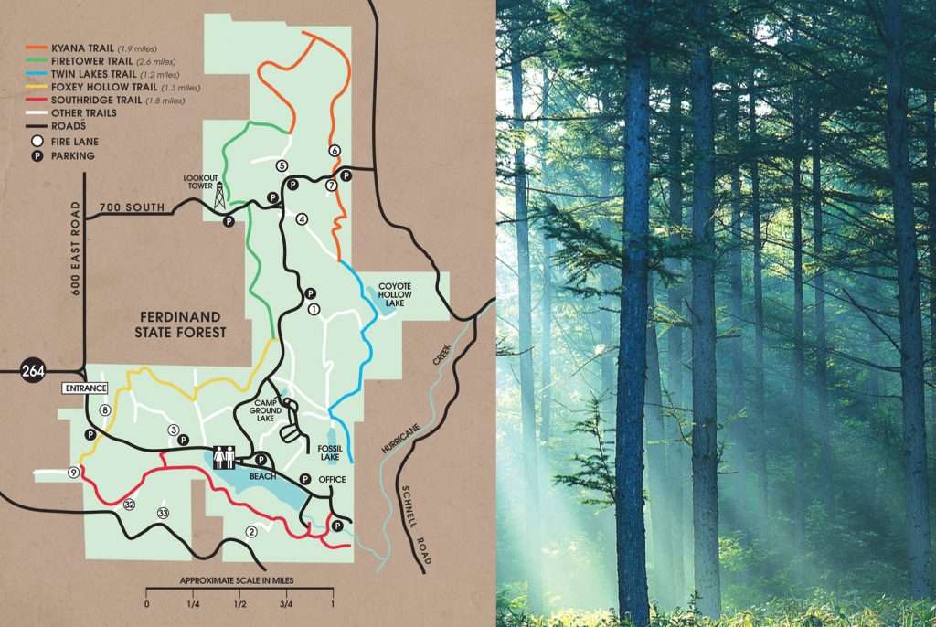 Ferdinand State Forest map shows trails, lakes and visitor access