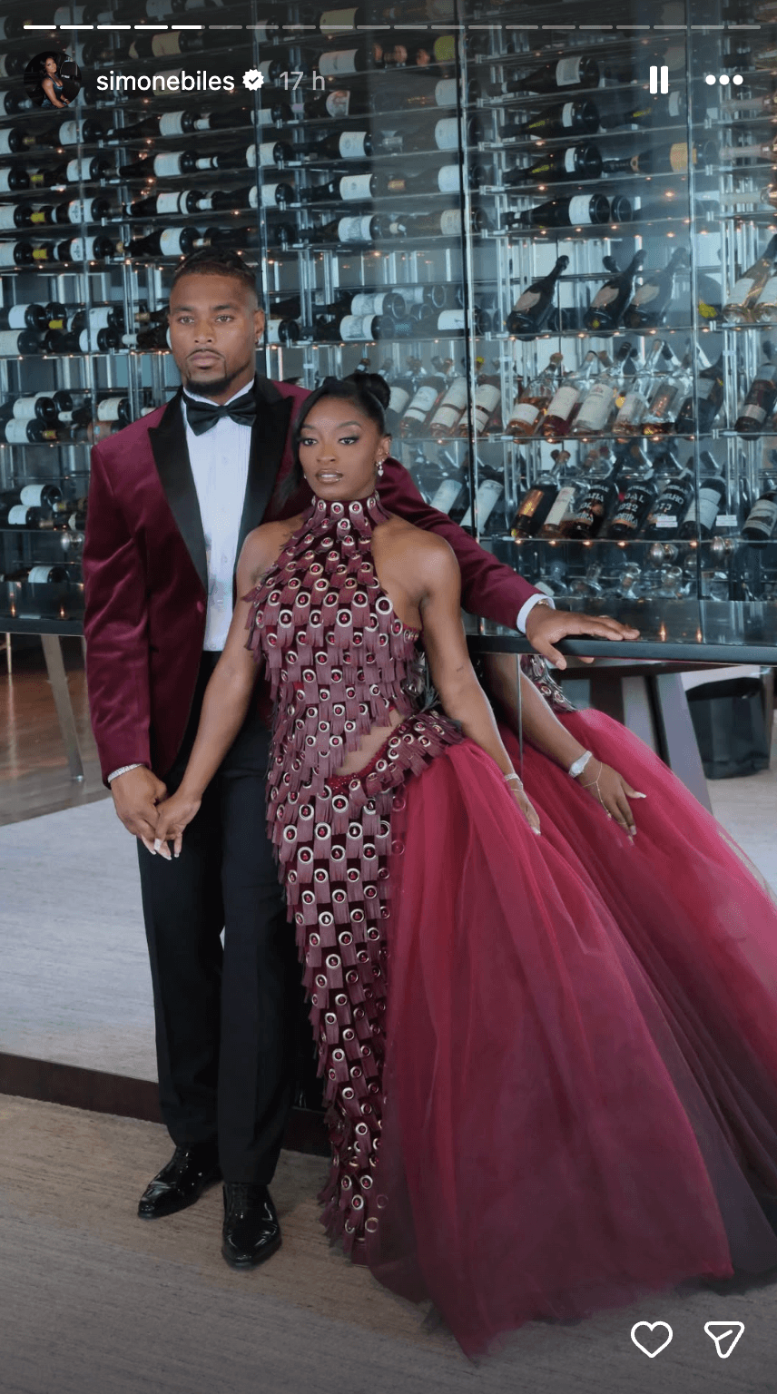 Biles turns wedding guest dressing futuristic with a chainmail gown