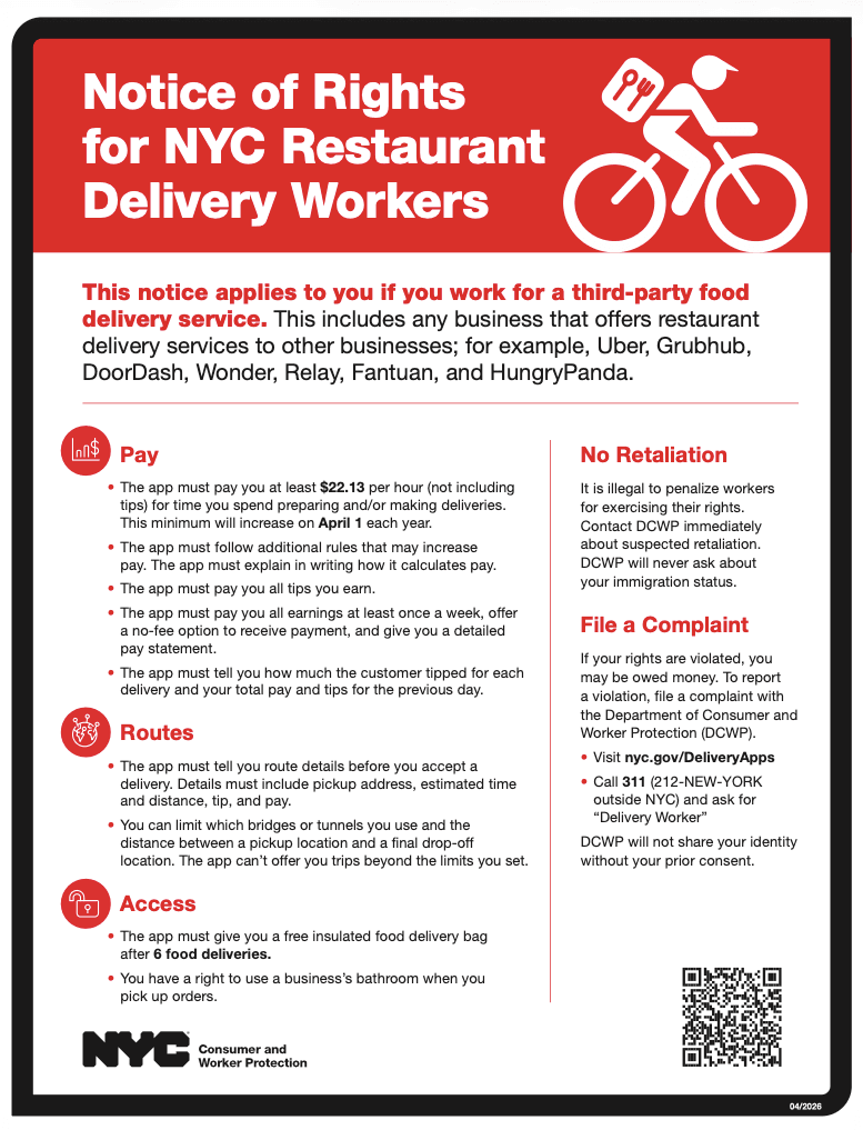 NYC FAQ explains delivery worker rights and restaurant impacts