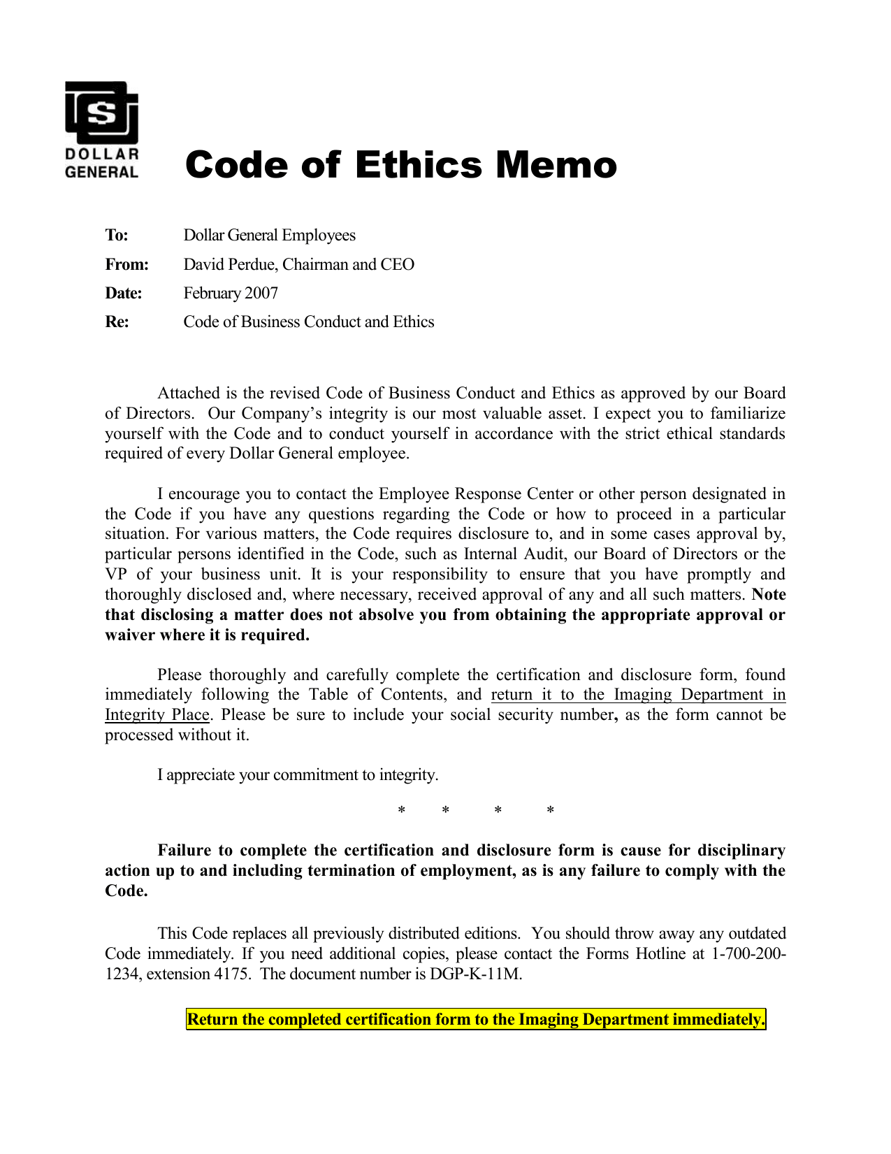 Dollar General code guides employees on ethics, conduct, and reporting concerns