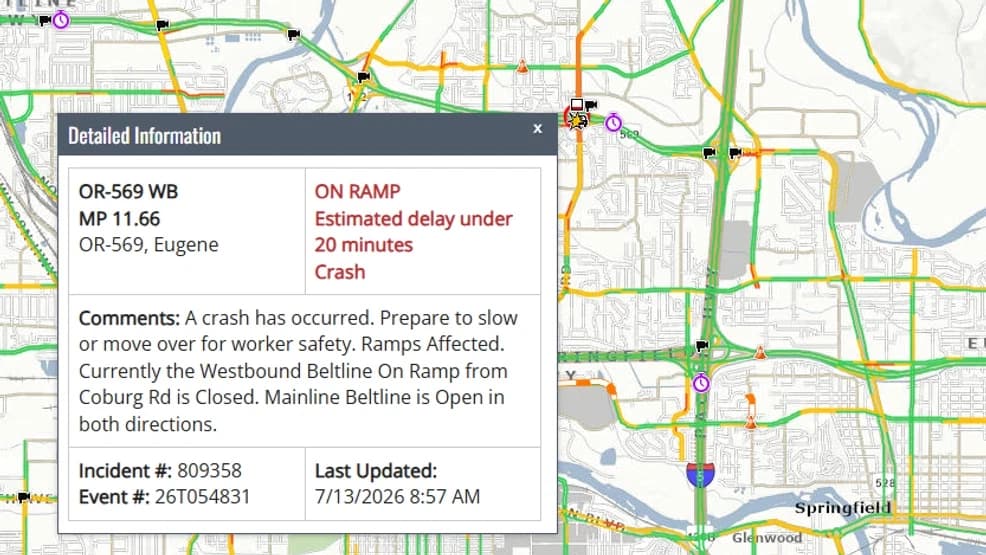 Crash blocks Coburg Road and westbound Beltline on-ramp in Eugene