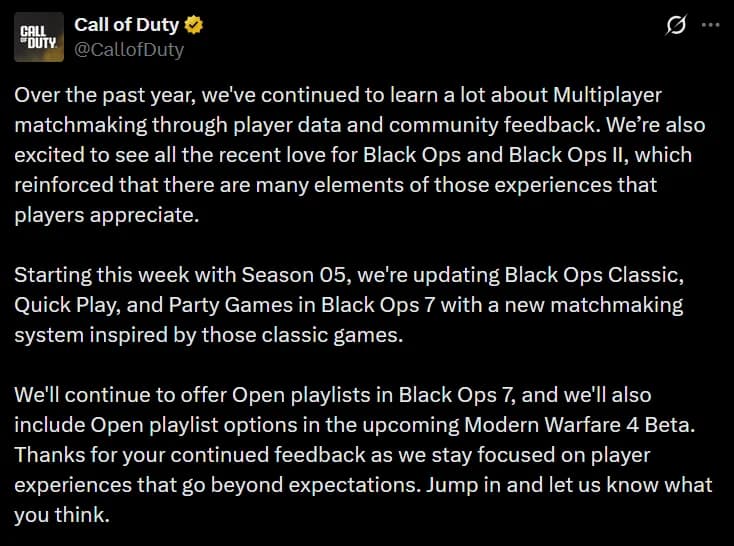 Call of Duty Black Ops 7 adds classic matchmaking in Season 5