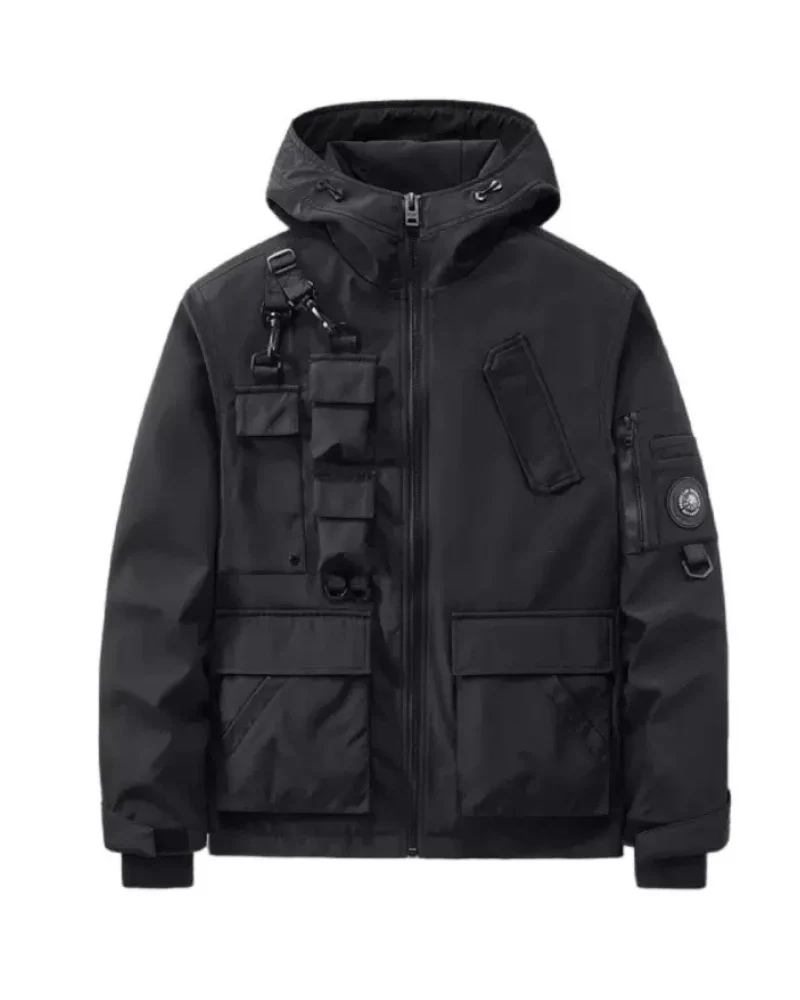 Techwear jacket drops with D-rings, flap pockets, cold-weather utility