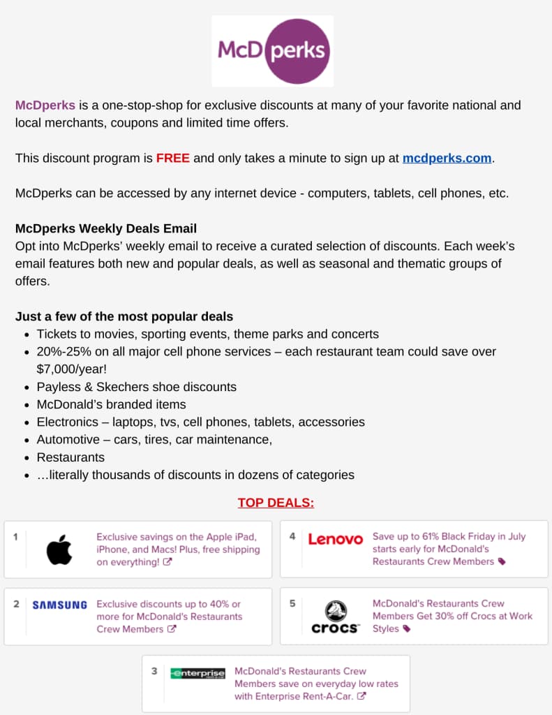 McDperks explains McDonald’s employee discounts by workplace type