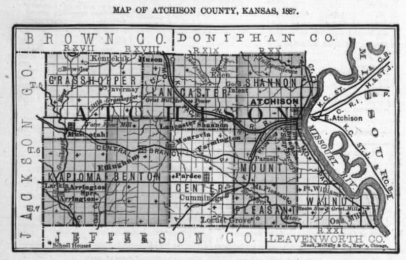 1887 map shows Atchison County's scattered rural schoolhouses