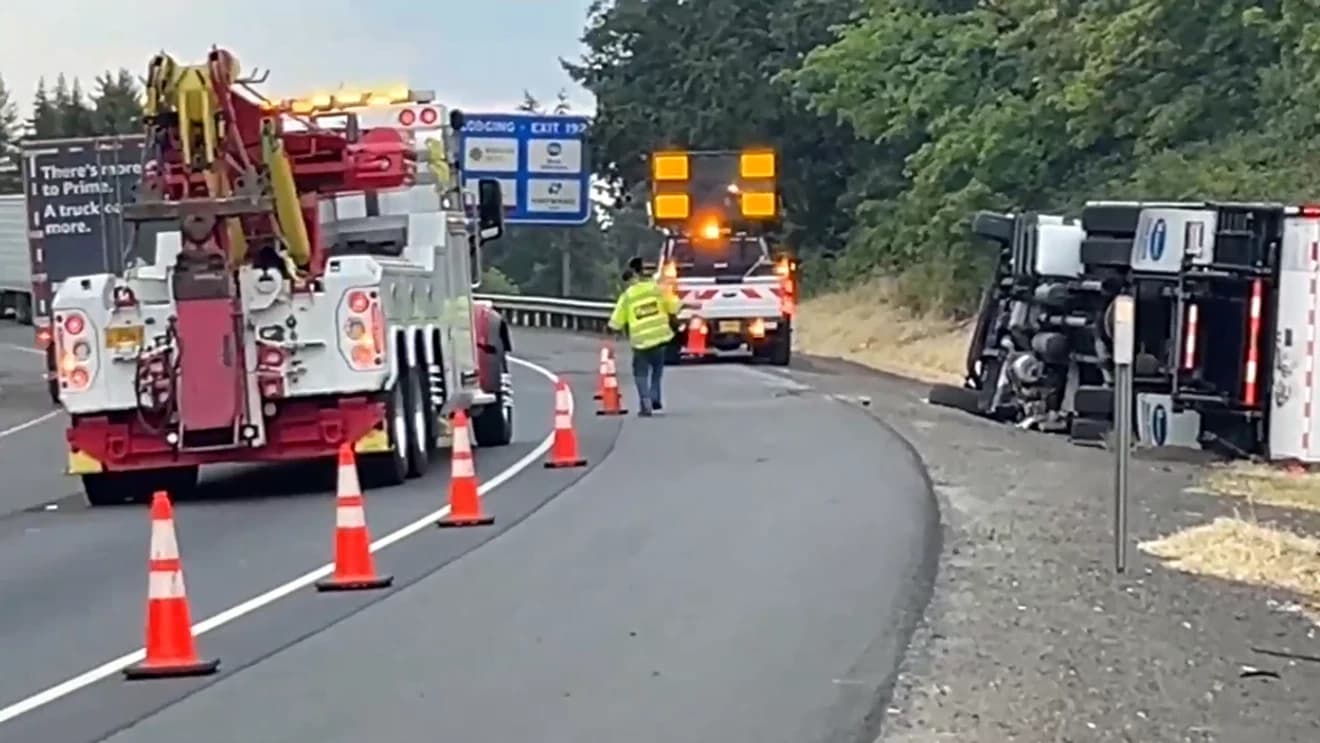 Overturned truck on I-5 south of Eugene causes lingering delays