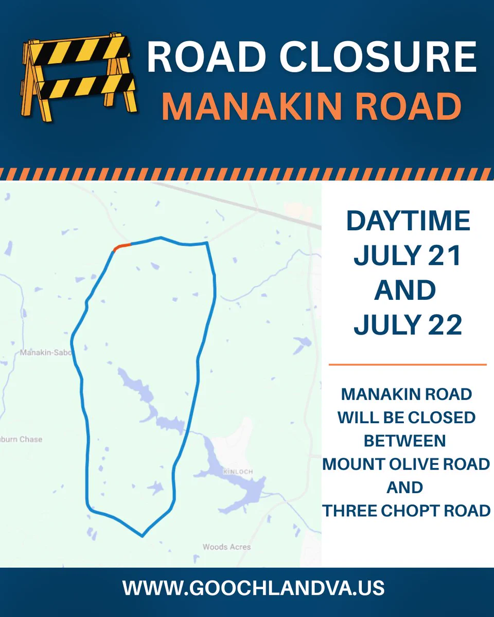 Manakin Road to close for pipe replacement July 21-22