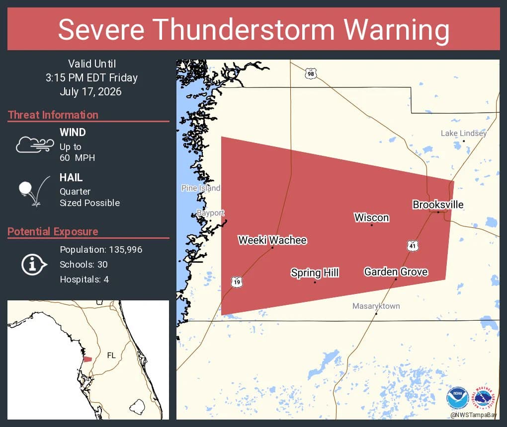 Severe thunderstorm warning issued for Spring Hill, Brooksville, Hernando County