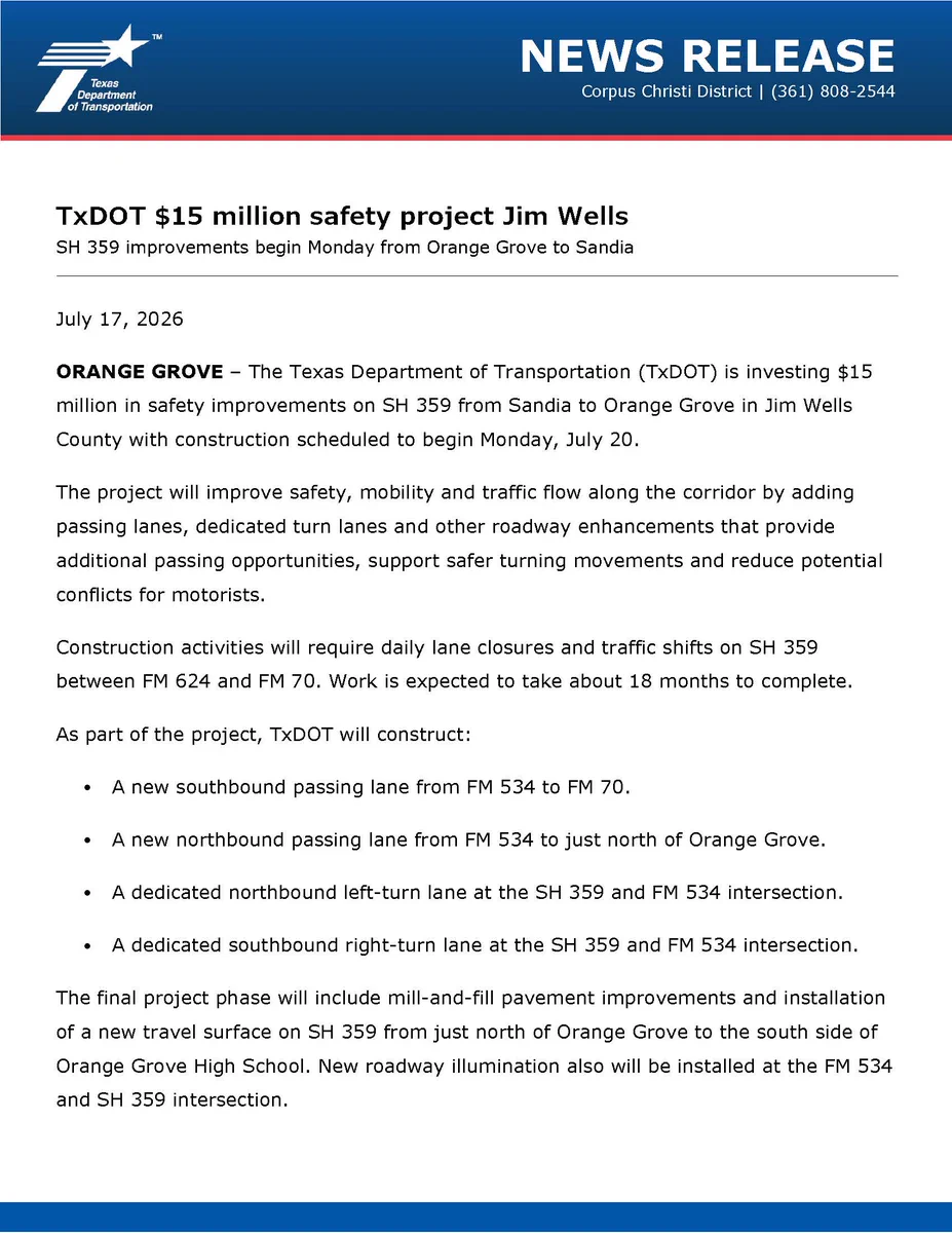 TxDOT announces $15 million safety upgrade for Jim Wells County roads