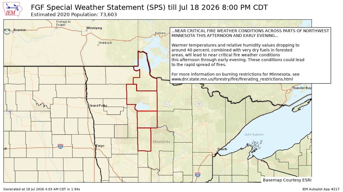 Near-critical fire weather alert issued for Beltrami County through 8 PM Friday