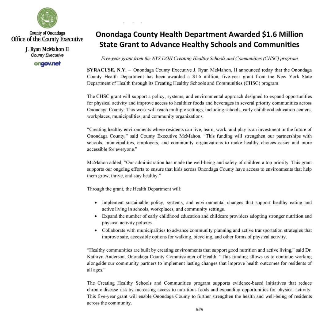 Onondaga County gets $1.6 million state grant for healthy schools