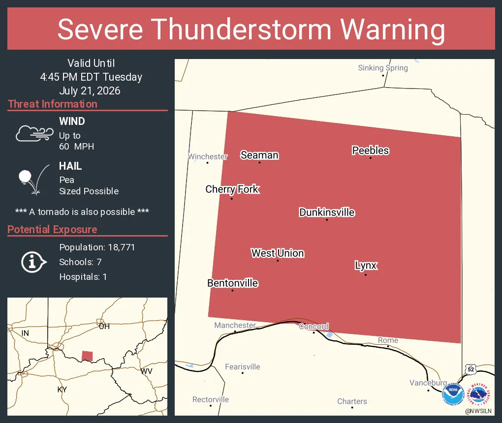 Severe thunderstorm warning issued for West Union, Peebles and Seaman