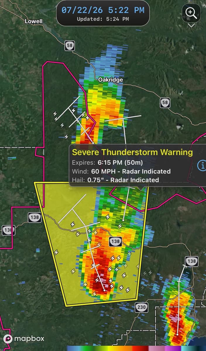 Severe thunderstorm warning issued for southeast of Oakridge in Lane County