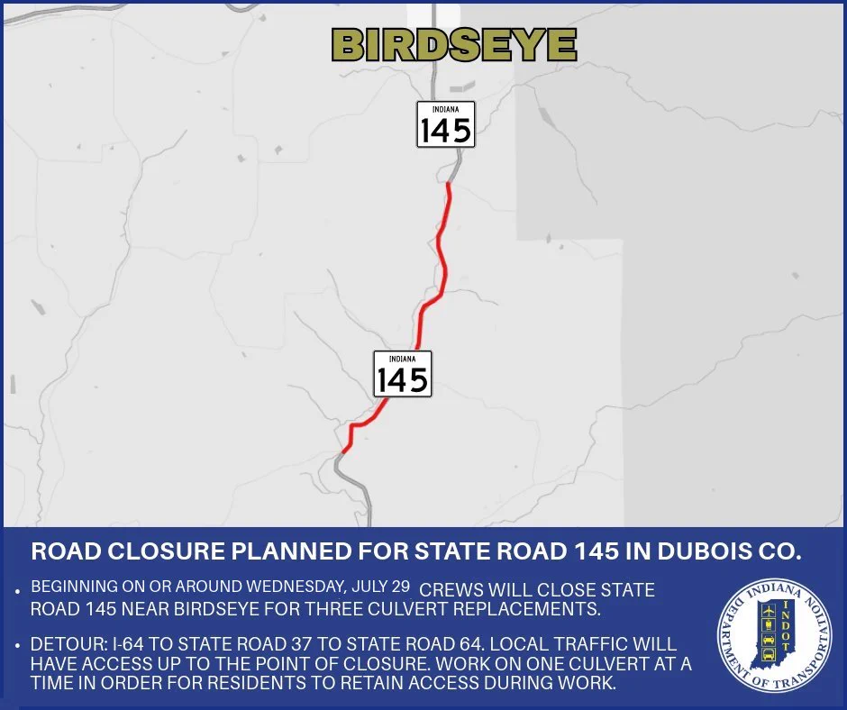 State Road 145 to close near Birdseye for culvert replacements