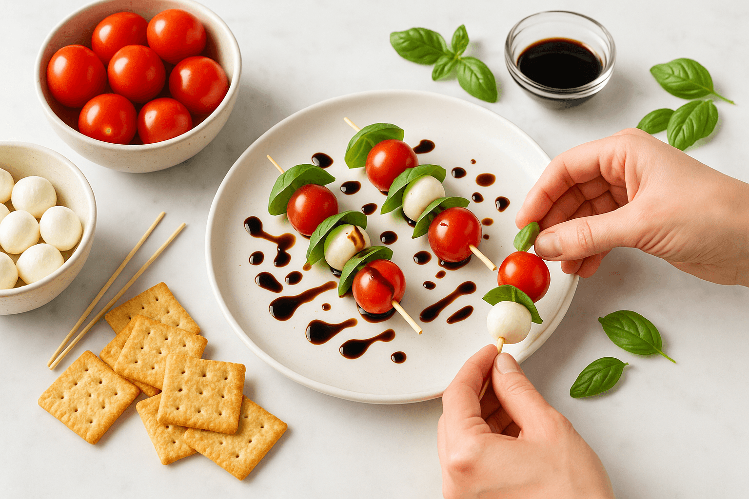 Assemble Mini Caprese Skewers with Balsamic
