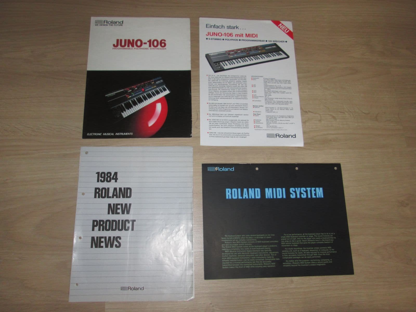 Roland Juno-106 and MKS-80 brochure set surfaces for collectors