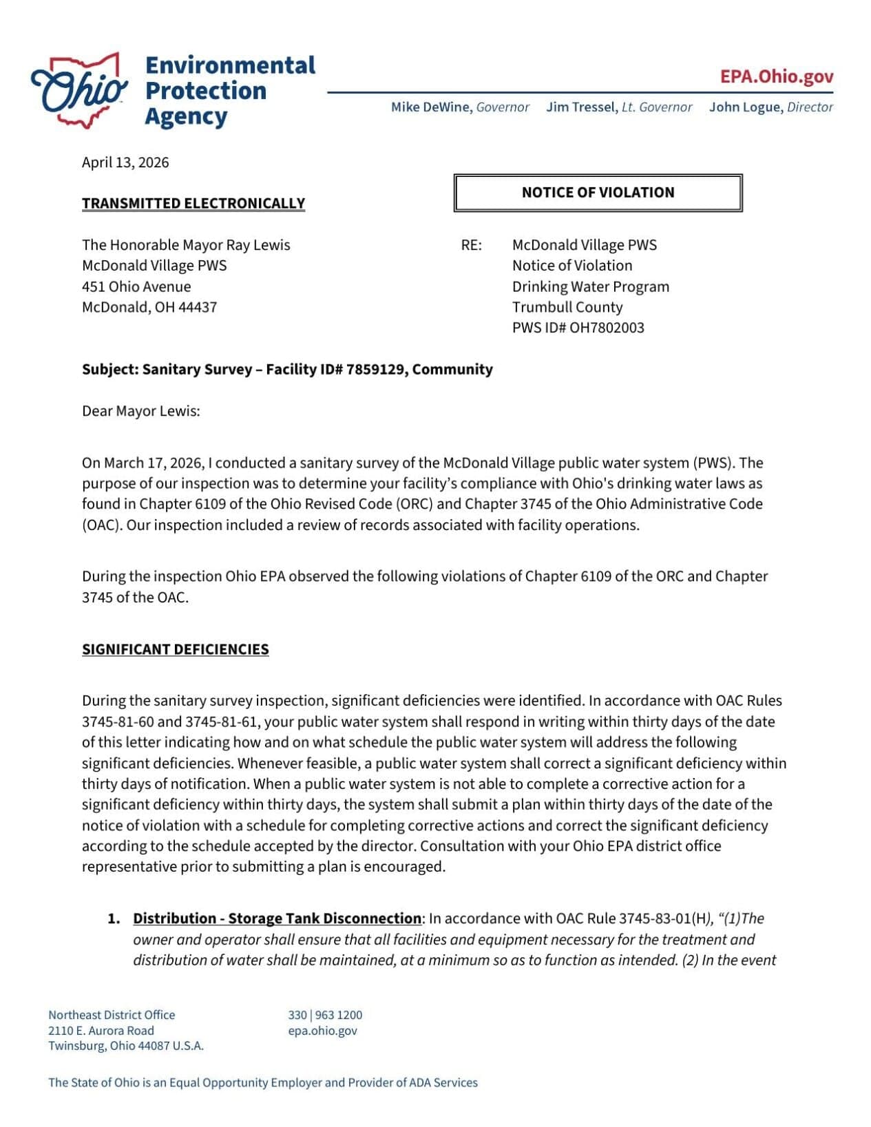 Ohio EPA cites McArthur water system for missed E. coli test deadline