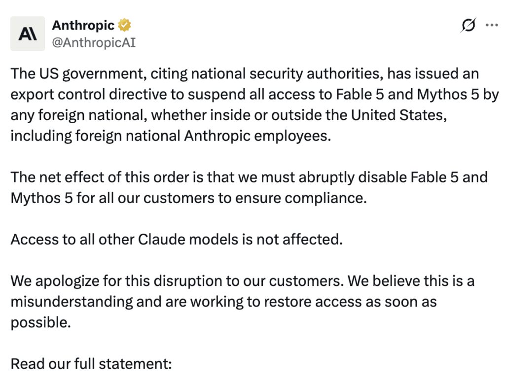 U.S. orders Anthropic to disable two A.I. models over security fears
