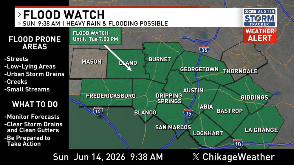 Flood watch continues as heavy rain threatens central Texas again
