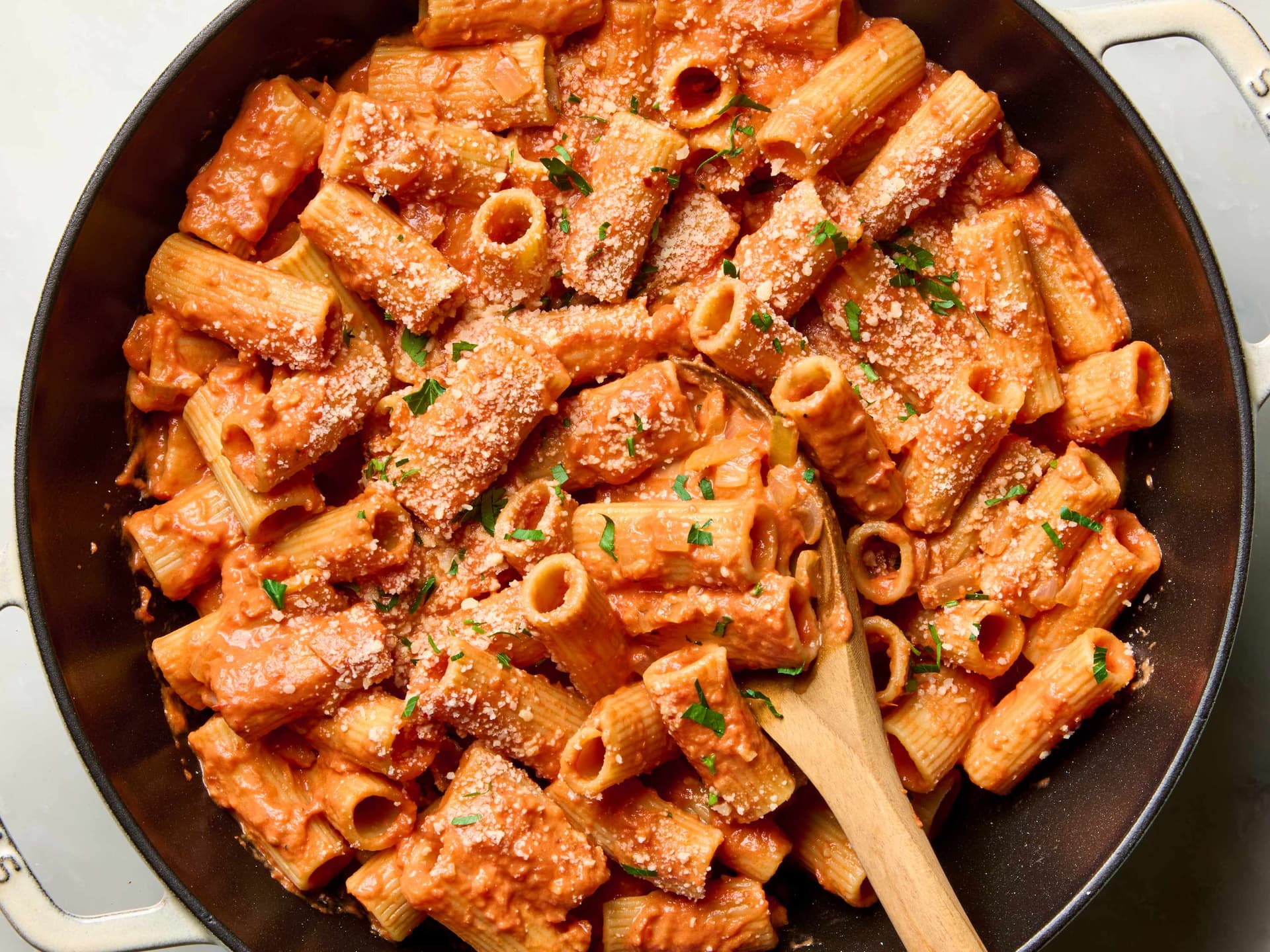 Creamy tomato rigatoni shows why ridged pasta holds sauce best
