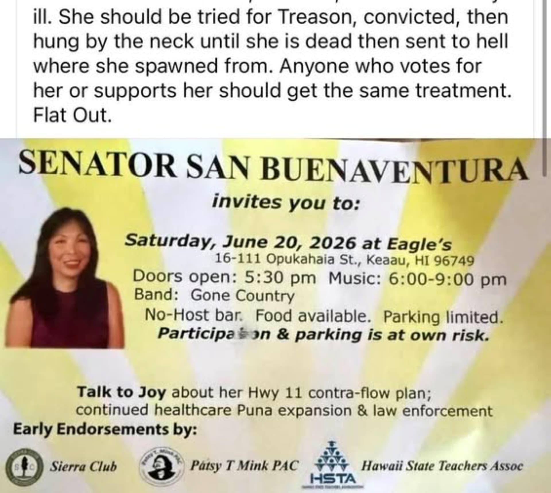 Threat against Puna senator prompts police, FBI notification before community event